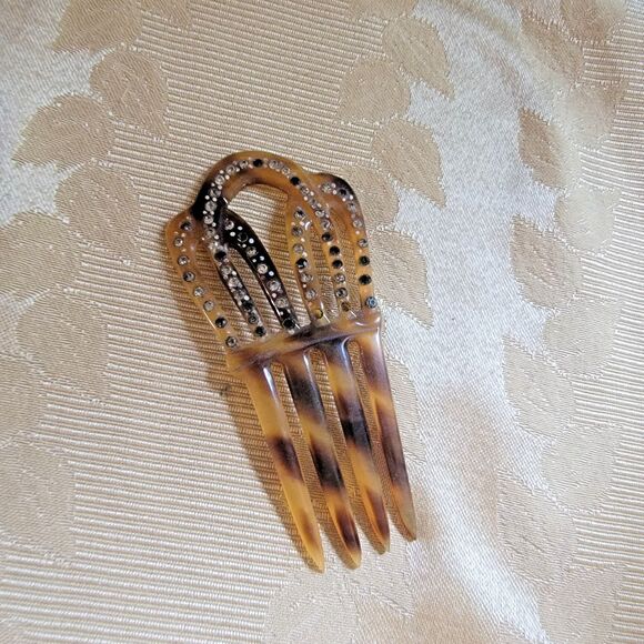 VTG Victorian hair comb faux Tortoise Shell hair ornament w/rhinestones - Picture 7 of 15